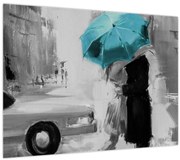 Tablou pe sticlă - Cuplu în dragoste cu umbrelă, albastru (70x50 cm)