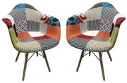 Set 2 scaune dining tip fotoliu Lotus, textil patchwork multicolor, picioare lemn+metal