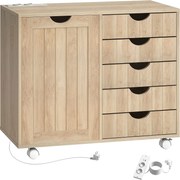 HOMCOM Mobilier pentru imprimantă cu stație de încărcare și roți 5 sertare porturi USB poliță reglabilă natural | Aosom Romania