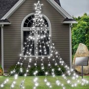 Instalatie solara perdea cu varf stea, 350 leduri, 9 franjuri, alb rece