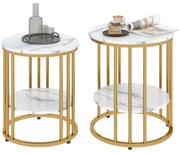 HOMCOM Lot de 2 mese de cafea rotunde mese de cafea efect marmură cu raft de depozitare deschis și cadru din oțel aur | Aosom Romania