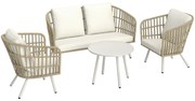 Outsunny Set de mobilier de grădină din poliratan Lounge-Set cu canapea de 2 locuri, fotoliu, masă, perne rezistente la intemperii pentru 4 persoane în culoarea Khaki | Aosom Romania