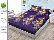 Husa de pat cu elastic 180x200 din Bumbac Finet + 2 Fete de Perna - Mov Cu Fluturi