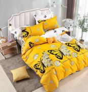 Set Lenjerie de pat 2 Persoane din Bumbac Tip Finet, cu Elastic, 6 Piese - Butterflies Daisies