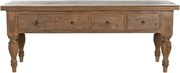 Masă consolă în stil etnic, din lemn de tec reciclat, natur, cu 4 sertare și picioare strunjite cu caneluri sculptate, 78 x 220 x 80 cm, „Grand Loft”