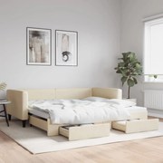 vidaXL Pat de zi cu extensie și sertare, crem, 100x200 cm, textil