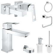 Set baterie cada si baterie lavoar Grohe Eurocube cu accesorii baie Grohe Essentials, crom lucios