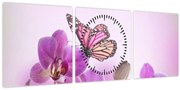 Tablou - Fluture pe flori de orhidee, liliac (cu ceas) (90x30 cm)