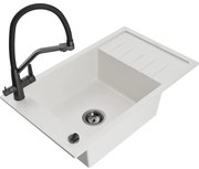 Mexen Elias chiuvetă de granit cu un compartiment, cu picurător și baterie de bucătărie Duo, Albă - 6511-20-671701-70-B