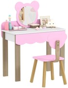 AIYAPLAY Set Masuta Cosmetica cu Scaunel pentru Copii, Oglinda de Machiaj, Forma Ursulet, Sertar, MDF, Roz | Aosom Romania