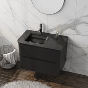 Set dulap baza suspendat Rune Jorunn 2 sertare 80 cm negru mat si lavoar negru