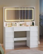 Masuta machiaj cu Oglinda LED si 9 Sertare pentru Cosmetice, Set Masa toaleta 109 cm, Alb, masuta cosmetica, vanity - SEA19