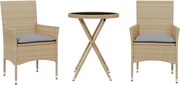 vidaXL Set bistro cu perne, 3 piese, bej, poliratan și sticlă