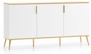 Comoda cu 3 usi moderna lux ,pal alb alpin  auriu , picioare si manere auriu, 170 cm x 88 x 40 cm, spatioasa , pentru living, dormitor , spatiu