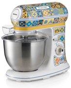 Mixer planetar Ariete Positano 1588/0P, 2400W, 5.5 L, 7 viteze, Pulse, Design retro, Accesorii, Alb/Galben