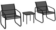 Outsunny Set bistro de grădină 3 piese cu 2 scaune din plasă și masă de cafea din sticlă securizată, negru | Aosom Romania
