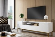 Comodă TV cu nișă și sertare Nicole 200 cm - alb mat / picioare aurii