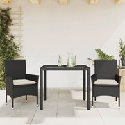 vidaXL Set mobilier de grădină cu perne 3 piese negru poliratan&amp;sticlă