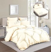 Lenjerie Pat Dublu, Cu Elastic, Bumbac Tip Finet, 6 piese, cu Pliuri Brodate Si Volanase - Crem