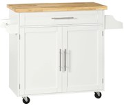 Carucior de bucatarie cu sertar și dulap, 4 roti din care 2 cu frana, lemn, 109x40x89cm, alb HOMCOM | Aosom Romania
