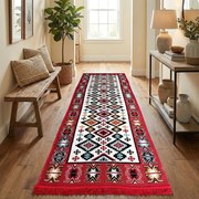 Traversa hol tesuta traditional, 80x300 cm, 2 fete, geometric, rosu