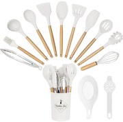 Set ustensile de bucatarie 14 piese, cu cap din silicon termorezistent si suport, alb