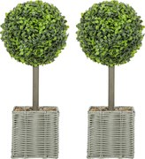 HOMCOM Set de 2 plante artificiale decorative, bile de buxus artificial 50 cm cu ghiveci din plastic împletit și pietre, verde | Aosom Romania