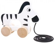 Jucarie educativa de tras din lemn masiv NOVOKIDS™ My first Tiny Zebra, Cu roti, Motricitate , Cu sfoara de tractare, Materiale Eco, Alb cu Negru