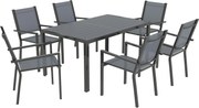 Outsunny Set Masă de Grădină cu Scaune, 7 Piese, Set de Prânz cu Masă cu Blat din Lemn Compozit cu Șipci și 6 Scaune de Exterior Stivuibile, Mobilier din Oțel cu Texteline, Gri și Negru | Aosom Romania