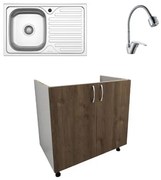Set Masca Chiuveta Karo, Stejar Bronz/Alb, 80 x 50 x 80 cm, Chiuveta Inox, Cuva stanga, Baterie Flexibila