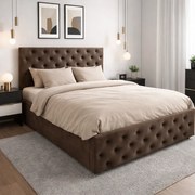 Pat tapitat Berlin cu somiera rabatabila si spatiu de depozitare, catifea maro , 180x200 cm 180 x 200, Maro