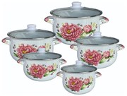 Set 5 oale cu capac din sticla Rosberg R54518G5G, 10 piese, Emailate, Inducție, Alb/Imprimeu floral