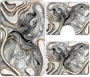 Set covoare baie antiderapante, 3 piese, model abstract gri cu accente aurii
