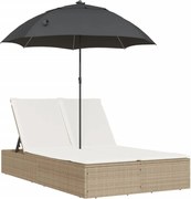 vidaXL Șezlong dublu cu perne/umbrelă de soare, bej, poliratan