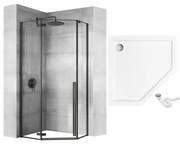 Cabina dus cu cadita pentagonala Rea Diamond negru cu usa batanta 90x90 alb