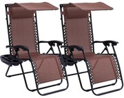 Scaun gravitatie zero cu parasolar si suport pentru pahar, 2 buc-maro
