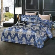 Lenjerie de pat Dublu, Colecția Deluxe (Model Royal), cu 6 Piese din Jacquard + Finet satinat, Culoare Bleumarin deschis