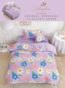Set Lenjerie De Pat 1 Persoana, 4 piese, cu ELASTIC - Flori Desenate