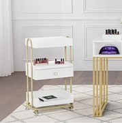 CMAU201 - Carucior 51 cm, cu Rafturi si Roti, masuta manichiura, ucenic cosmetica, masa coafor - Alb - Imitatie de marmura - Auriu