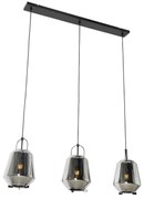 Lampa suspendata neagra cu sticla fumurie 23 cm alungita 3 lumini - Kevin