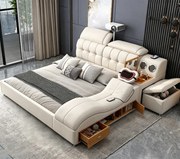 MOBLUX99 Utility 160x200 cm Beige Left Chaise – Pat Inteligent Premium cu Proiector HD, Vibromasaj, Boxe Bluetooth, Încărcare Wireless și Spații Multiple de Depozitare