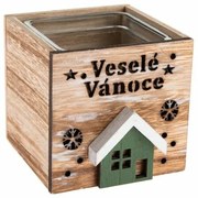 Sfeșnic din lemn cu sticlă Crăciun fericit, 9 x 8, 5 cm, natural