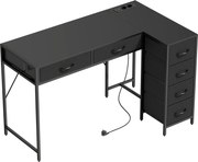 HOMCOM Birou de Colț Reversibil cu Prize și Porturi USB, 126x48 cm Birou în Formă de L cu 6 Sertare din Material Textil, Cârlig Lateral, pentru Computer, Birou, Cameră, Negru | Aosom Romania