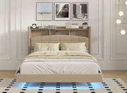 Pat C01 Tapitat Catifea 160x200cm, cu iluminare LED integrata, Maro, Saltea Ortopedica 20cm inclusa