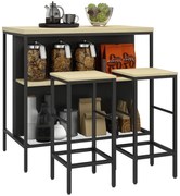 HOMCOM Set masă de bar și 2 taburete de stil industrial cu raft de depozitare, suporturi pentru picioare, metal negru și aspect lemn | Aosom Romania