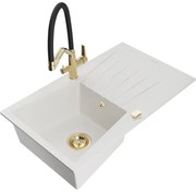 Mexen Cesar chiuvetă de granit cu o cuvă și scurgător, cu baterie de bucătărie Duo, alb - 6514-20-671701-57-G