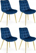 Set 4 Scaune Bucatarie/Dining Joy Albastru, Catifea, Picioare Metalice, Finisaj Auriu