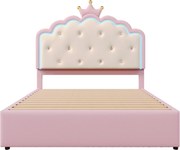 Pat tapițat 140x200 cm cu somieră cu lamele, pat extensibil și 2 sertare, fără saltea, Roz