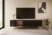 Comodă TV suspendată Asha 200 cm, partea frontală riflat și nișă – stejar artisan / negru mat