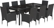 vidaXL Set mobilier de grădină cu perne 9 piese negru poliratan&sticlă